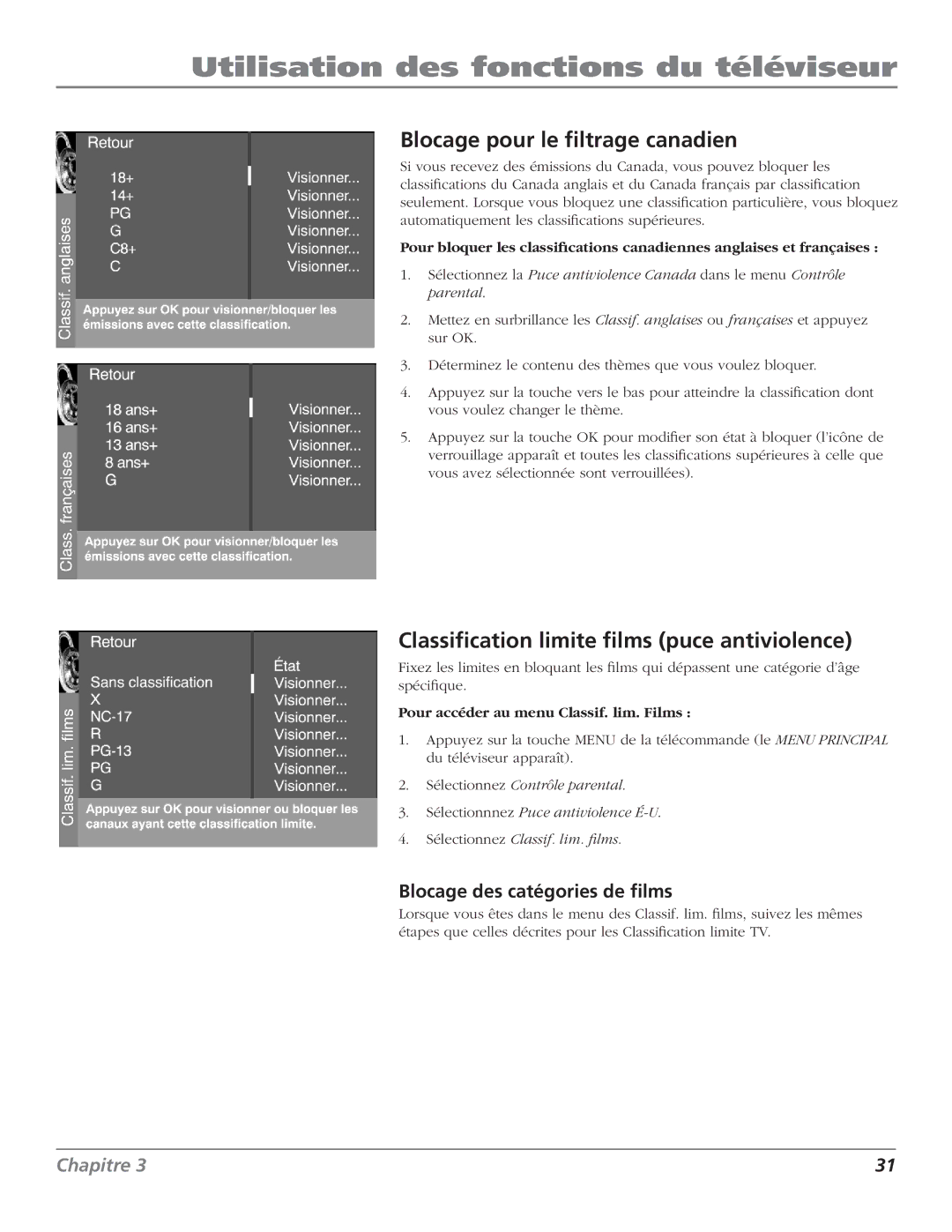 RCA HDTV Television manual Blocage pour le filtrage canadien, Classification limite films puce antiviolence 