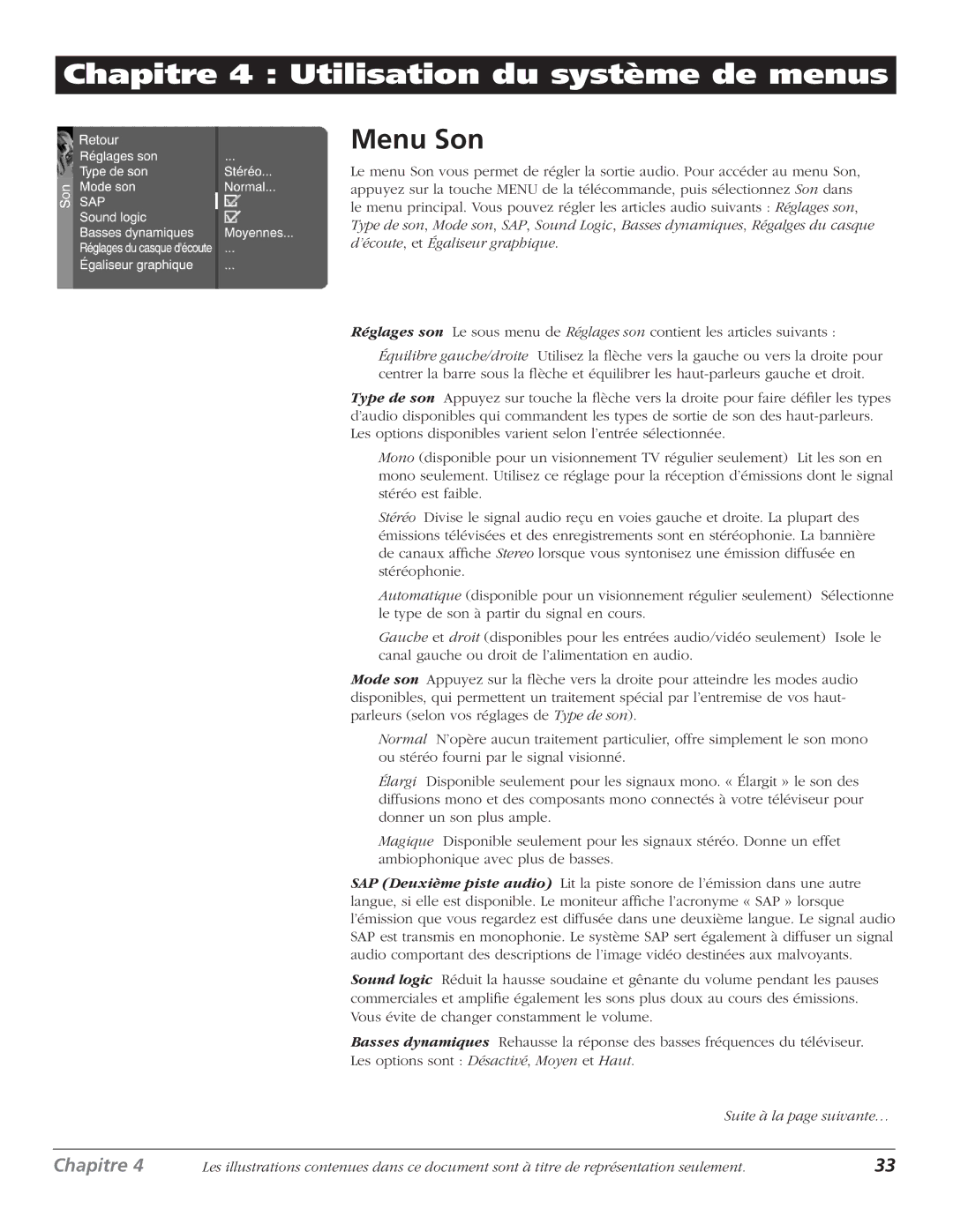 RCA HDTV Television manual Chapitre 4 Utilisation du système de menus, Menu Son 