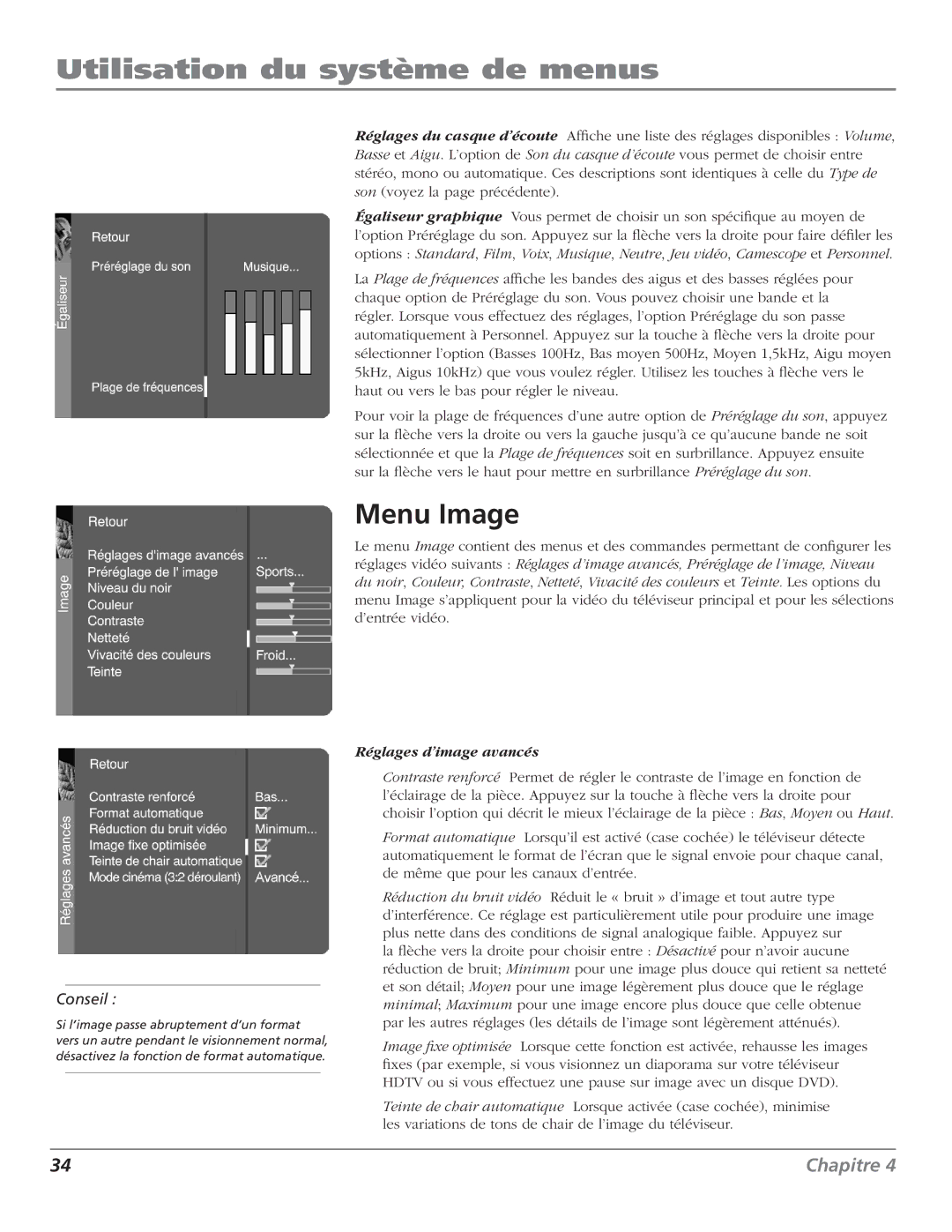 RCA HDTV Television manual Utilisation du système de menus, Menu Image 