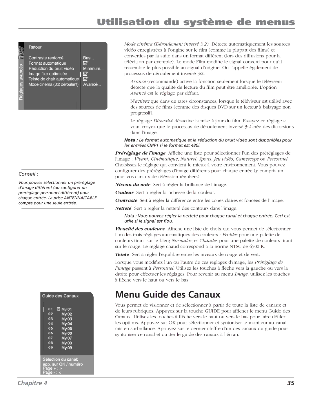 RCA HDTV Television manual Menu Guide des Canaux 