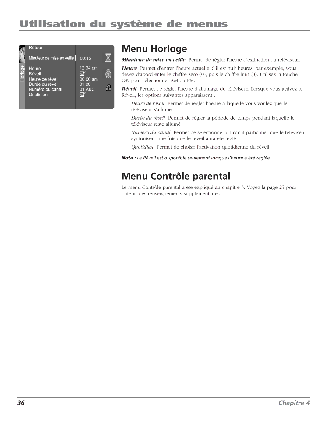 RCA HDTV Television manual Menu Horloge, Menu Contrôle parental 