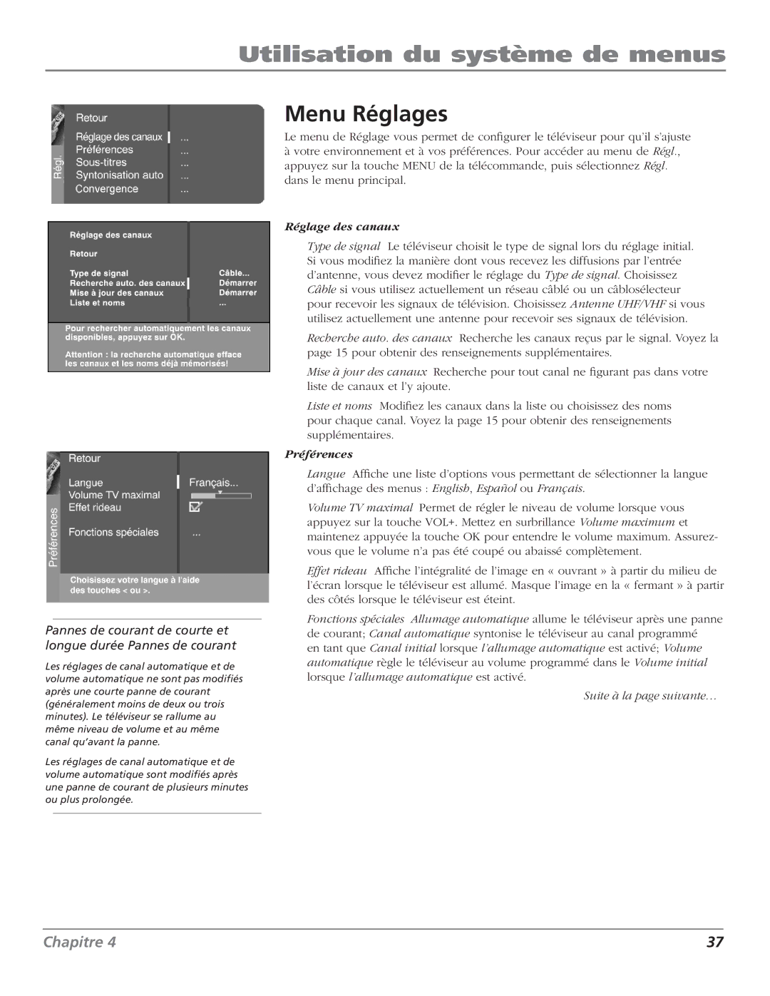 RCA HDTV Television manual Menu Réglages, Réglage des canaux 