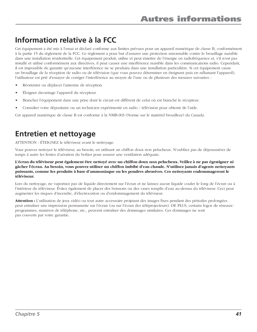 RCA HDTV Television manual Information relative à la FCC, Entretien et nettoyage 