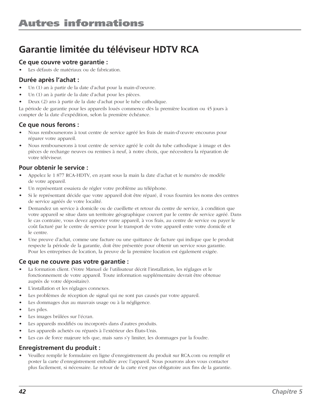 RCA HDTV Television manual Garantie limitée du téléviseur Hdtv RCA 