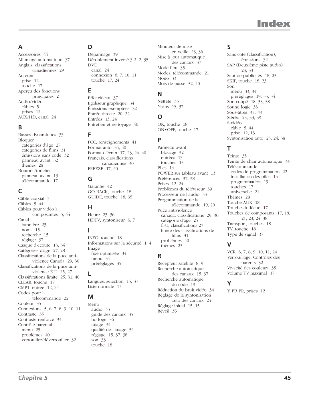 RCA HDTV Television manual Index 