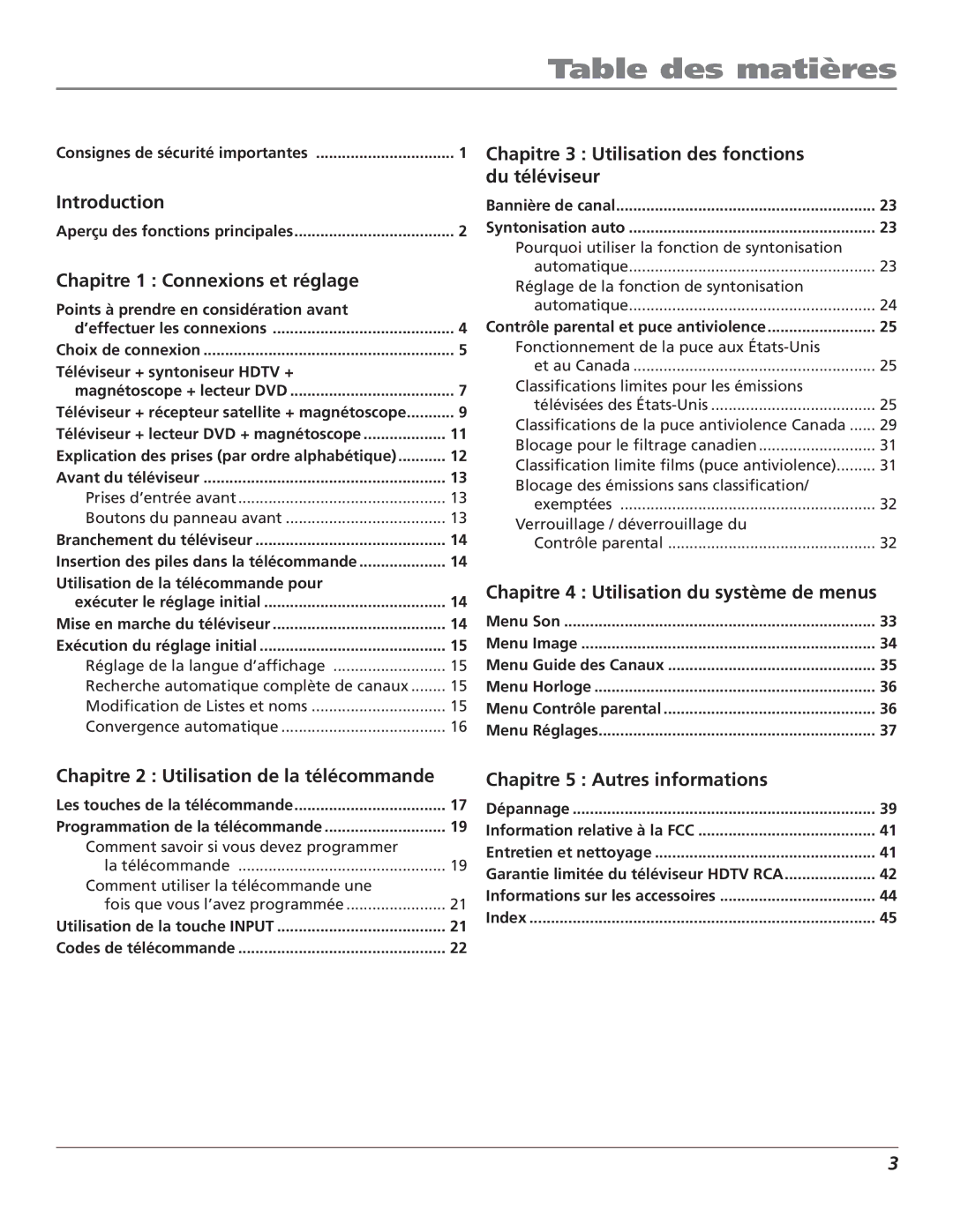 RCA HDTV Television manual Table des matières 