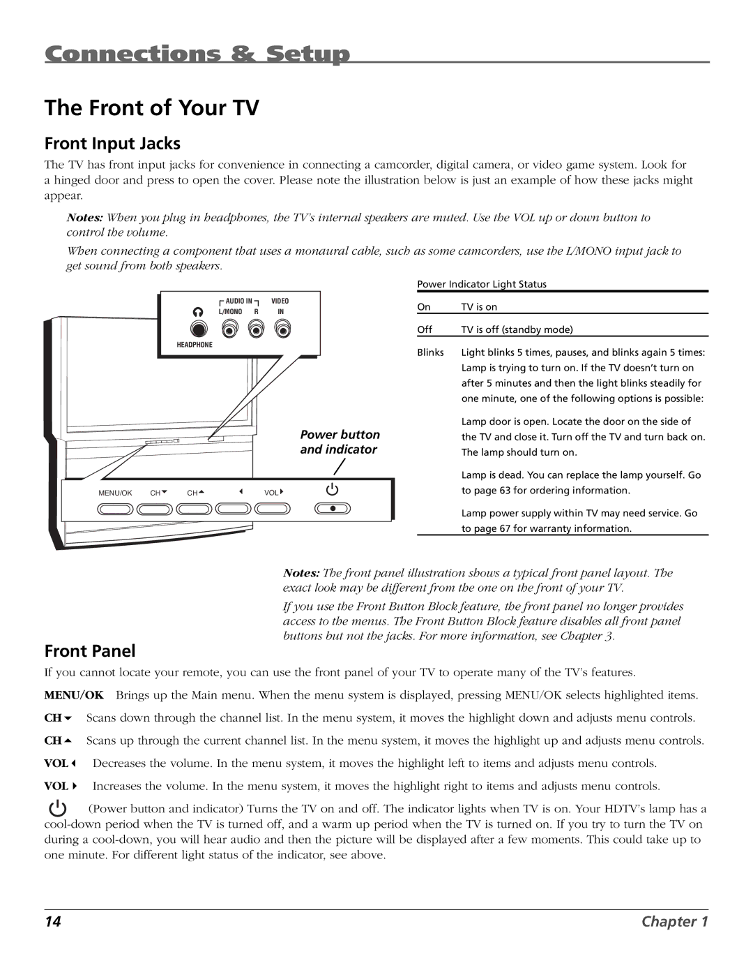 RCA HDTV manual Front of Your TV, Front Input Jacks, Front Panel 