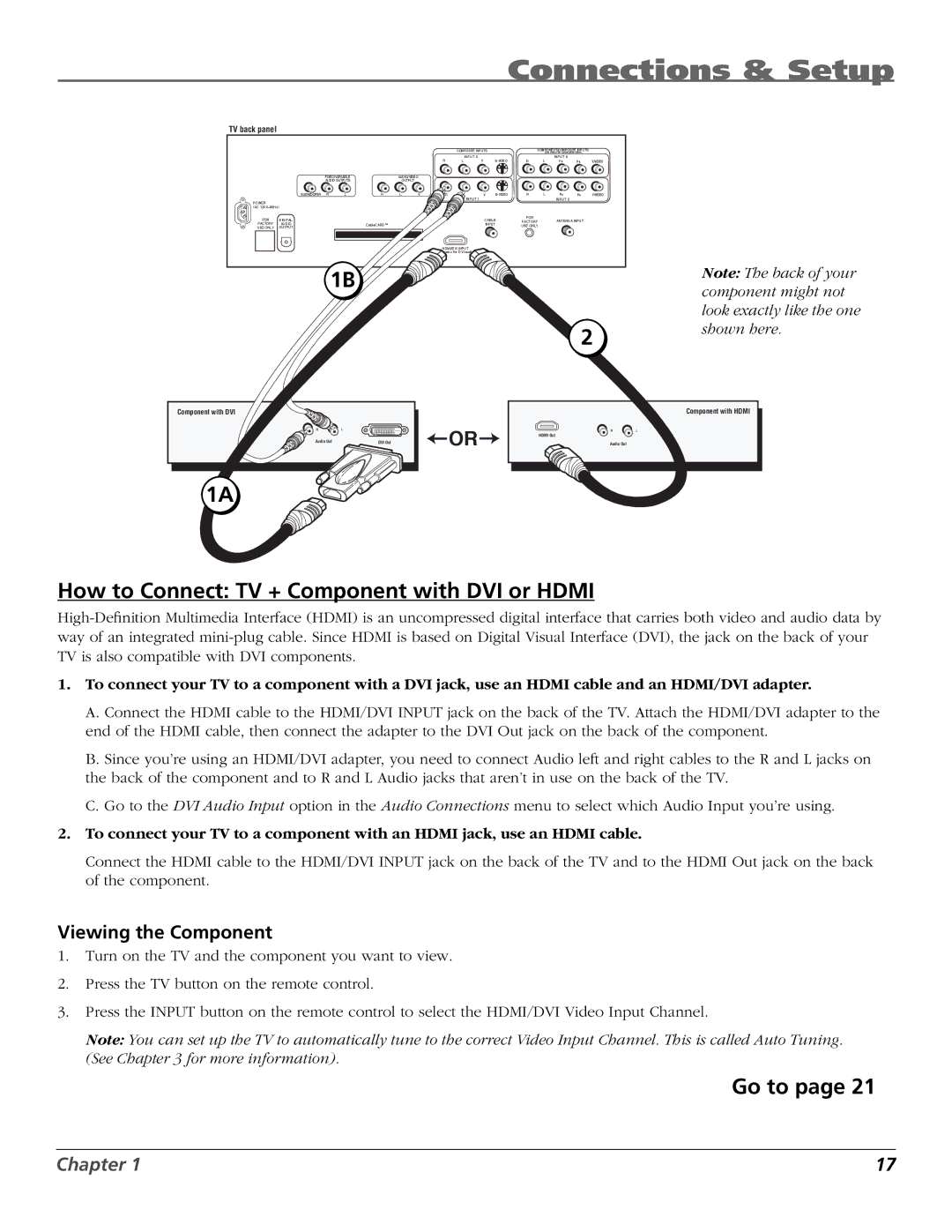 RCA HDTV manual How to Connect TV + Component with DVI or Hdmi, Viewing the Component 