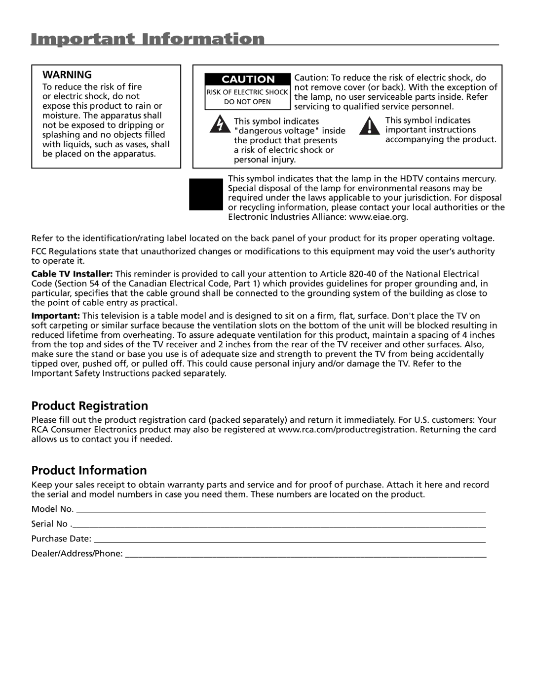 RCA HDTV manual Important Information, Product Registration Product Information 