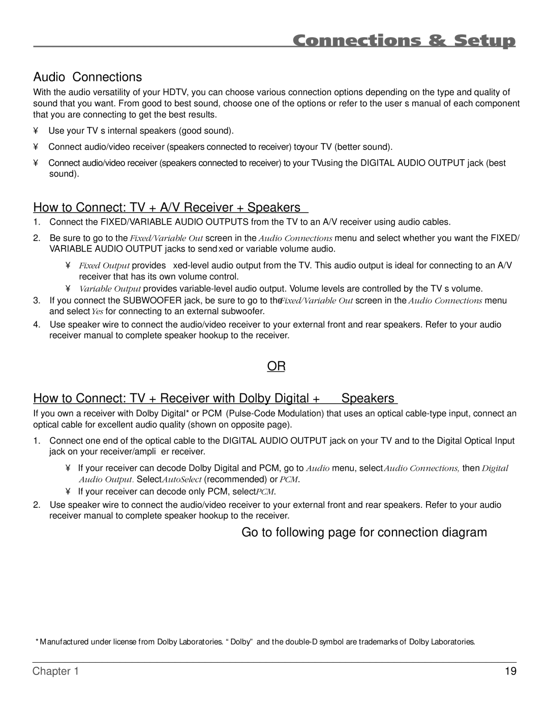 RCA HDTV manual Audio Connections, How to Connect TV + A/V Receiver + Speakers, Go to following page for connection diagram 