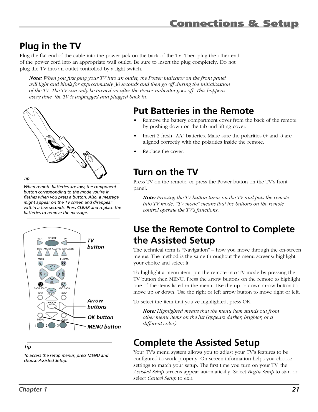 RCA HDTV manual Plug in the TV, Put Batteries in the Remote, Turn on the TV, Complete the Assisted Setup 