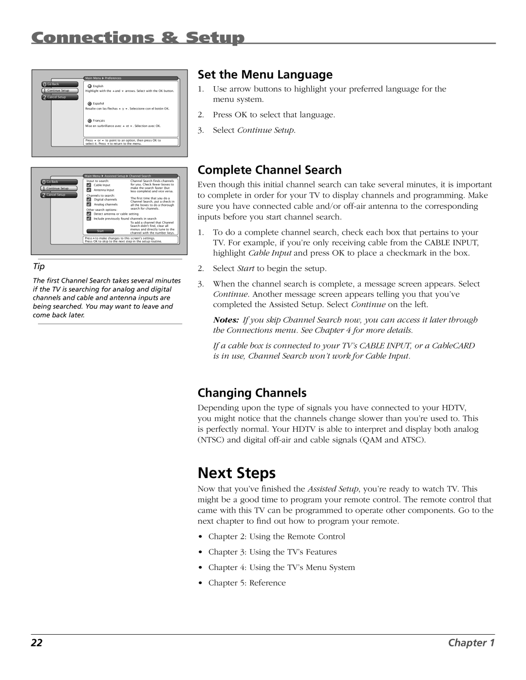 RCA HDTV manual Next Steps, Set the Menu Language, Complete Channel Search, Changing Channels 