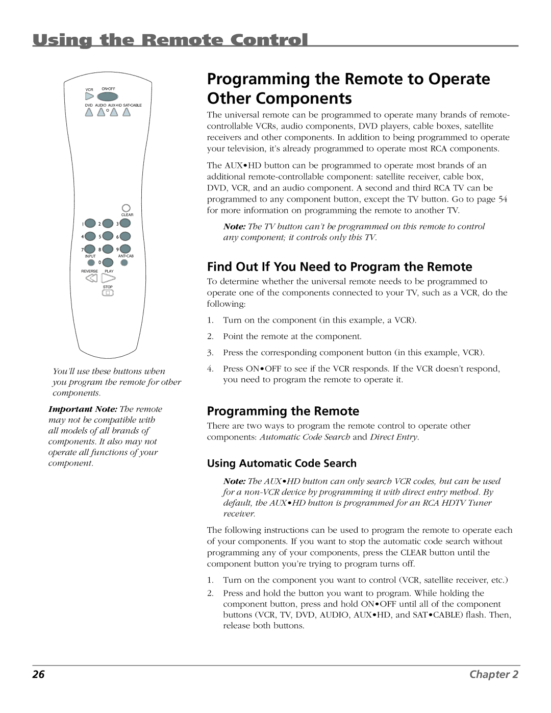 RCA HDTV manual Programming the Remote to Operate Other Components, Find Out If You Need to Program the Remote 