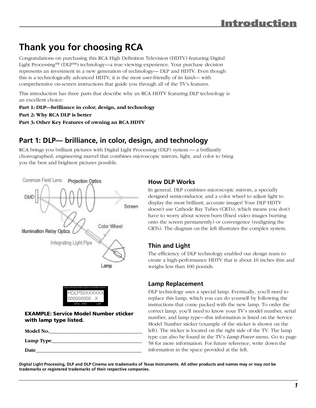 RCA HDTV manual Introduction, Thank you for choosing RCA, Part 1 DLP- brilliance, in color, design, and technology 