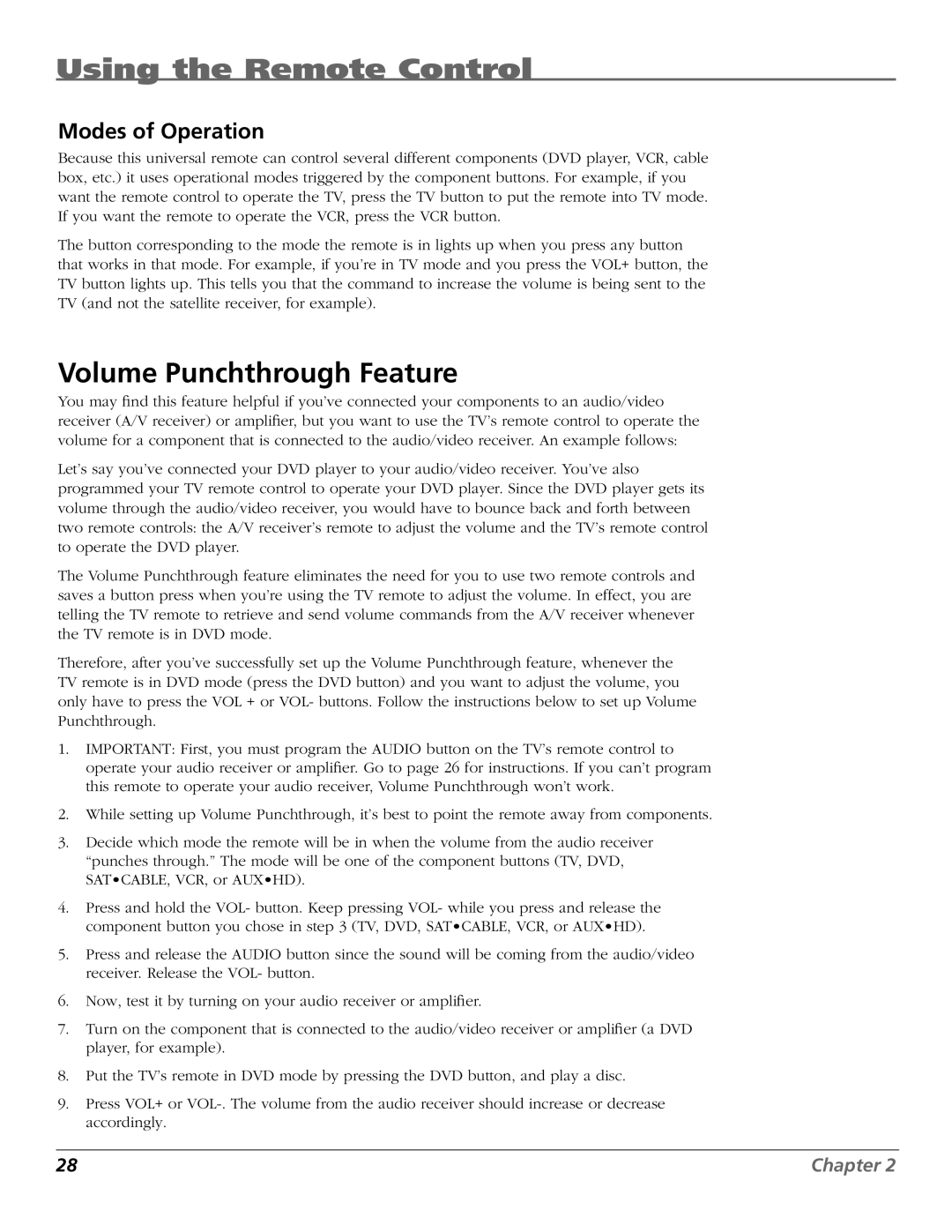 RCA HDTV manual Volume Punchthrough Feature, Modes of Operation 