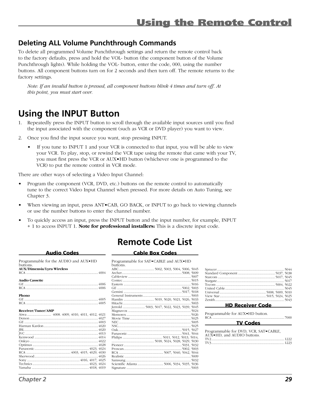 RCA HDTV manual Using the Input Button, Remote Code List, Deleting ALL Volume Punchthrough Commands 