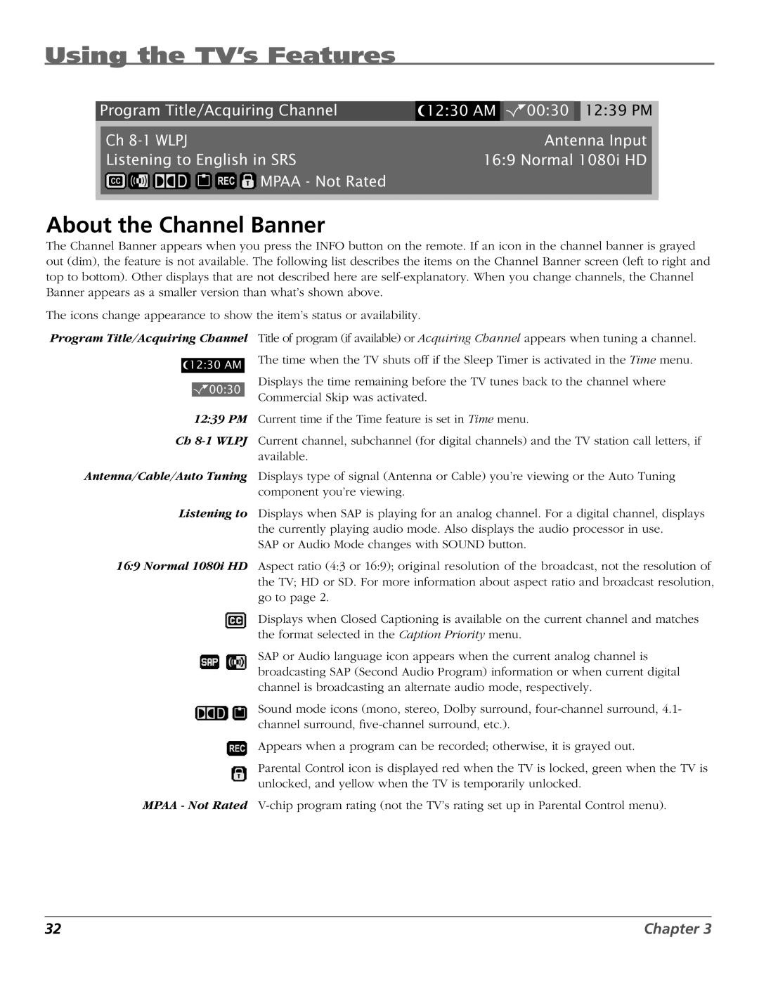 RCA HDTV manual Using the TV’s Features, About the Channel Banner 