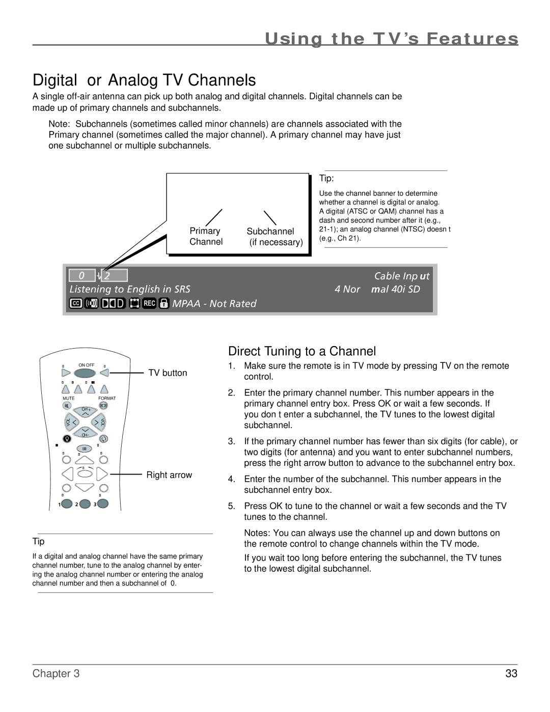 RCA HDTV manual Digital or Analog TV Channels, Direct Tuning to a Channel 