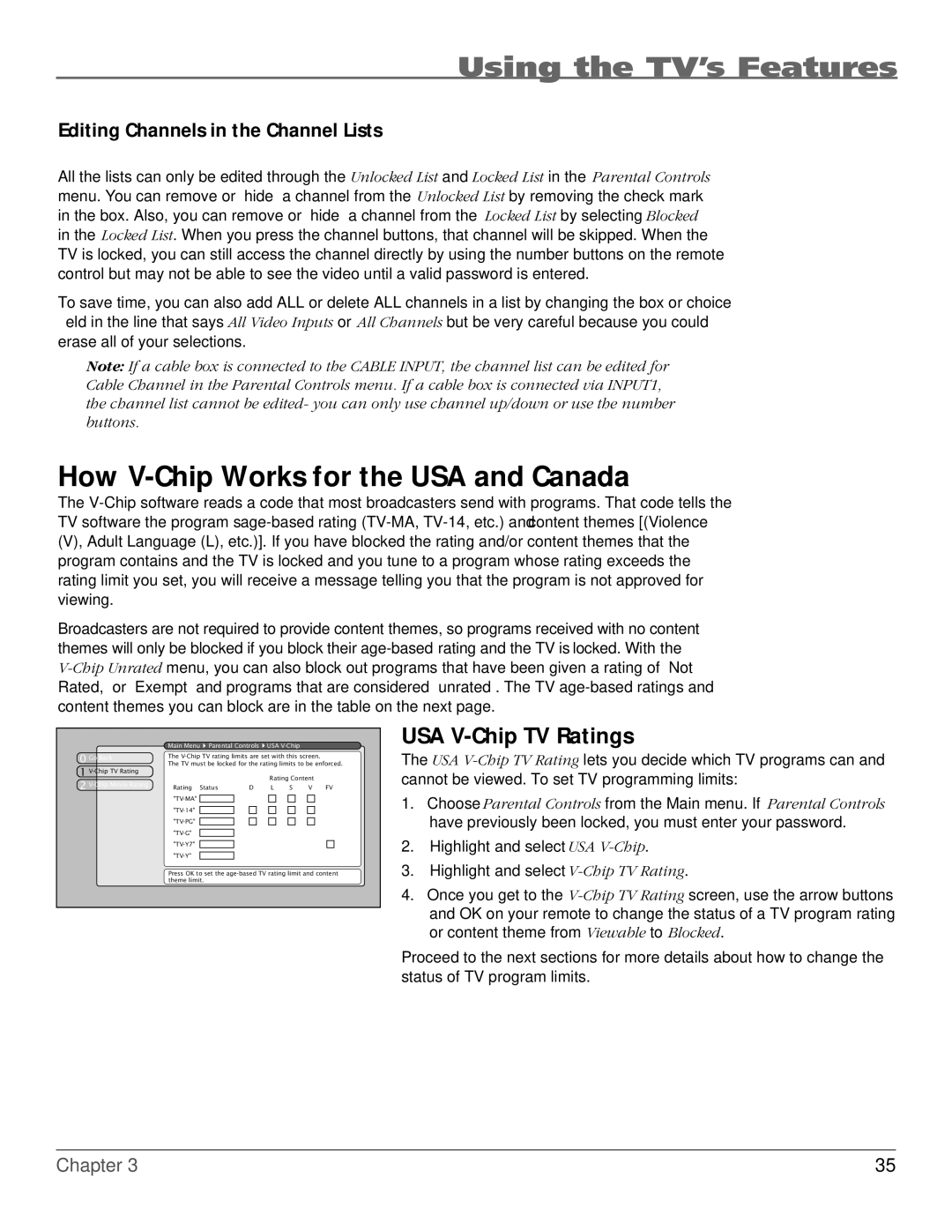 RCA HDTV How V-Chip Works for the USA and Canada, USA V-Chip TV Ratings, Editing Channels in the Channel Lists, Tv-Ma 