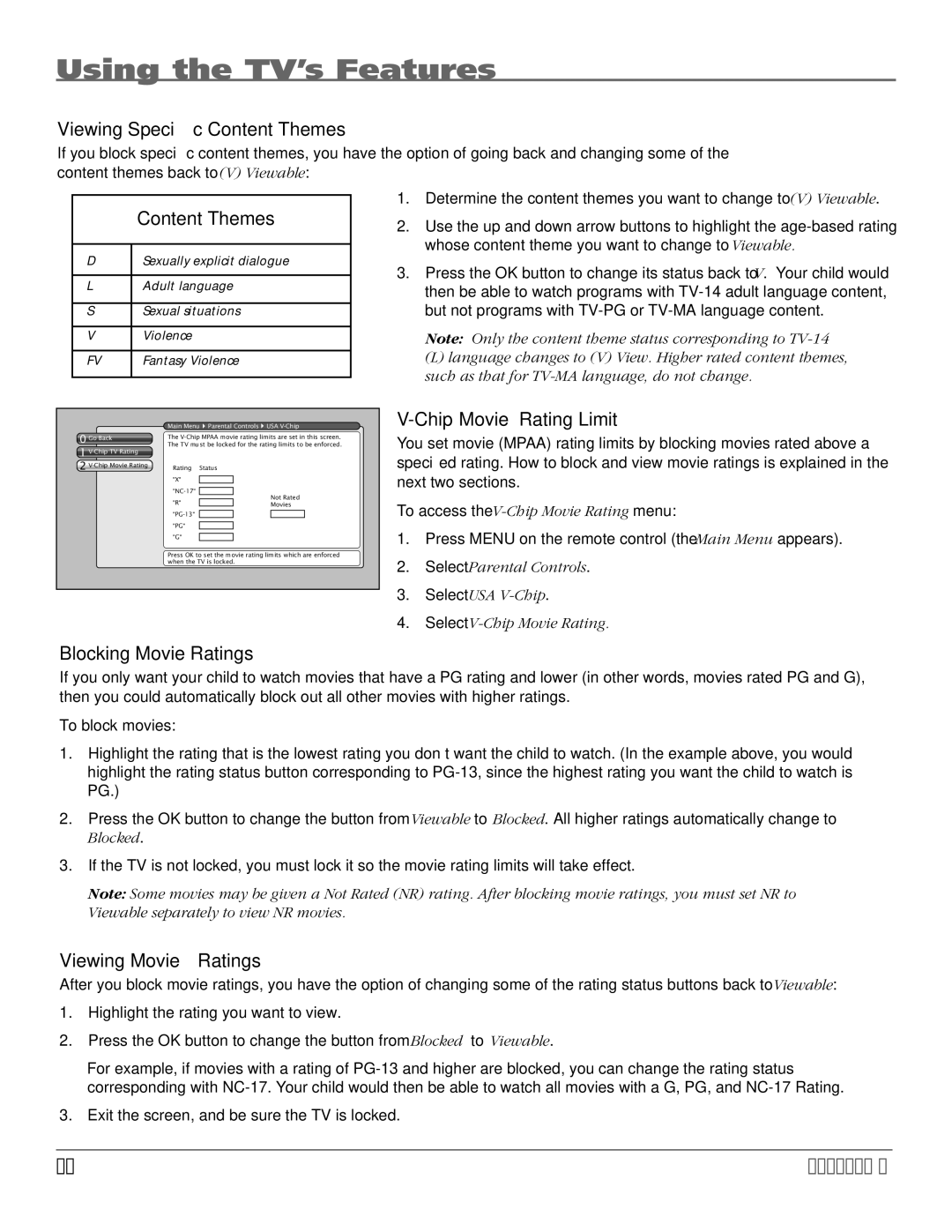 RCA HDTV manual Viewing Speciﬁc Content Themes, Chip Movie Rating Limit, Blocking Movie Ratings, Viewing Movie Ratings 