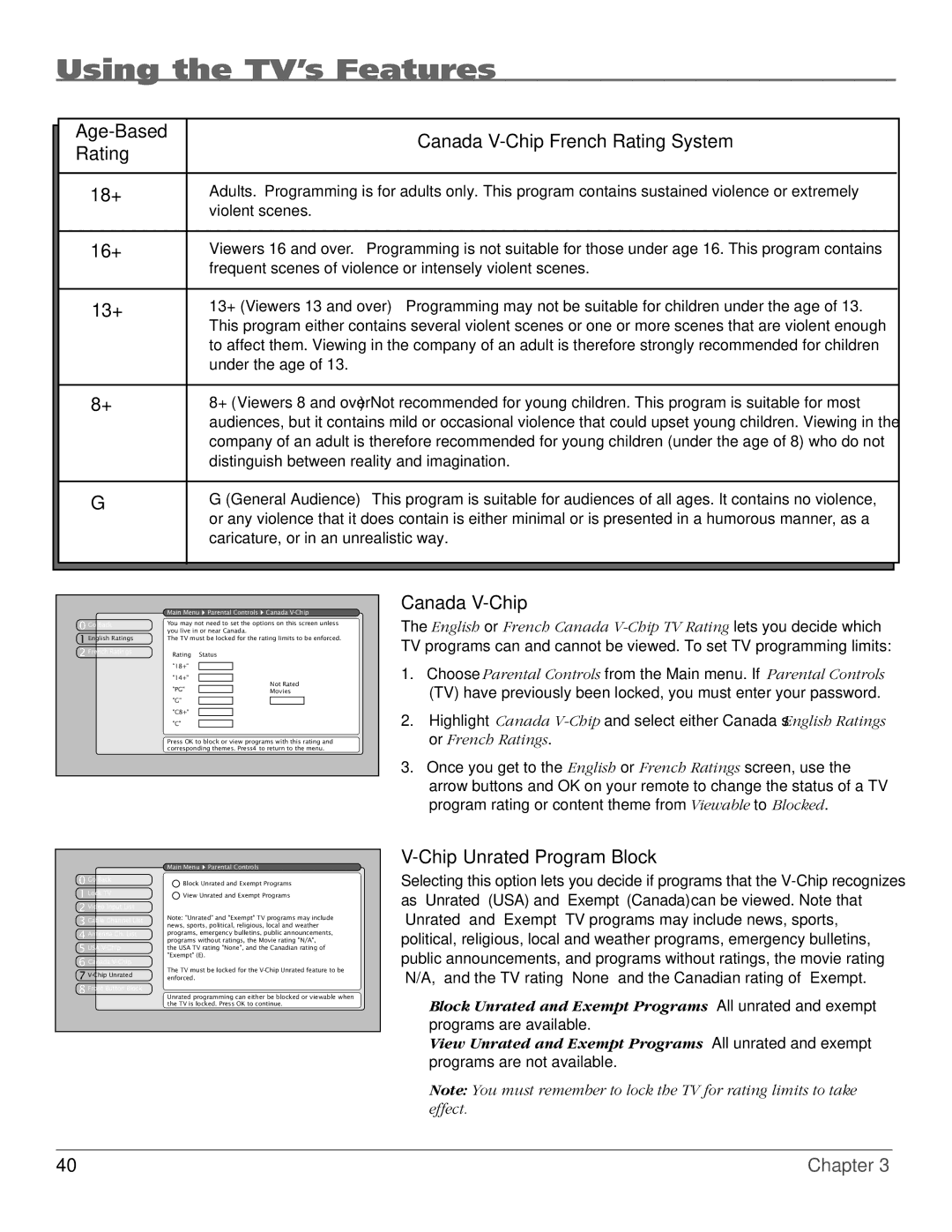 RCA HDTV manual Age-Based Canada V-Chip French Rating System 18+, 16+, 13+, Chip Unrated Program Block 