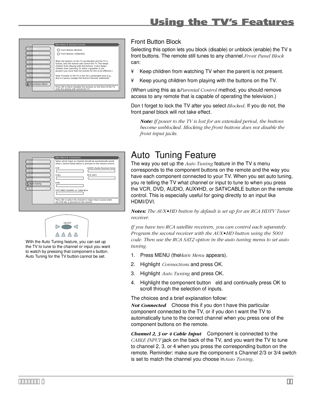 RCA HDTV manual Auto Tuning Feature, Front Button Block 