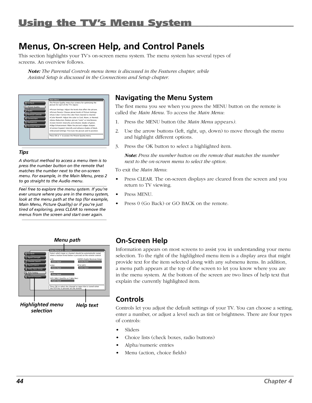 RCA HDTV Using the TV’s Menu System, Menus, On-screen Help, and Control Panels, Navigating the Menu System, On-Screen Help 