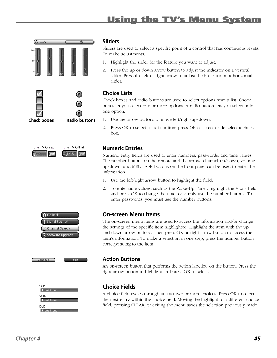 RCA HDTV manual Choice Lists, Numeric Entries, On-screen Menu Items, Action Buttons, Choice Fields 