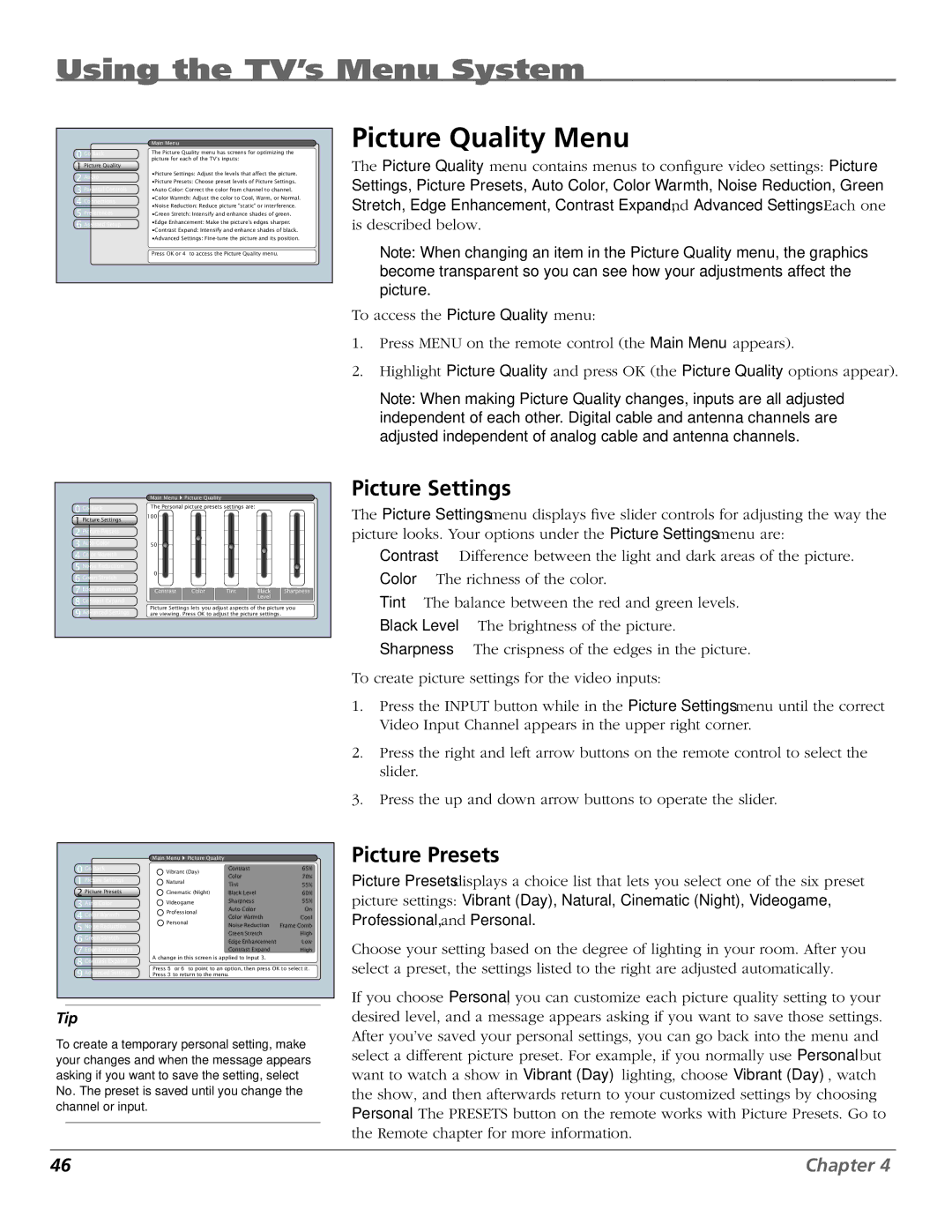 RCA HDTV manual Picture Quality Menu, Picture Settings, Picture Presets 