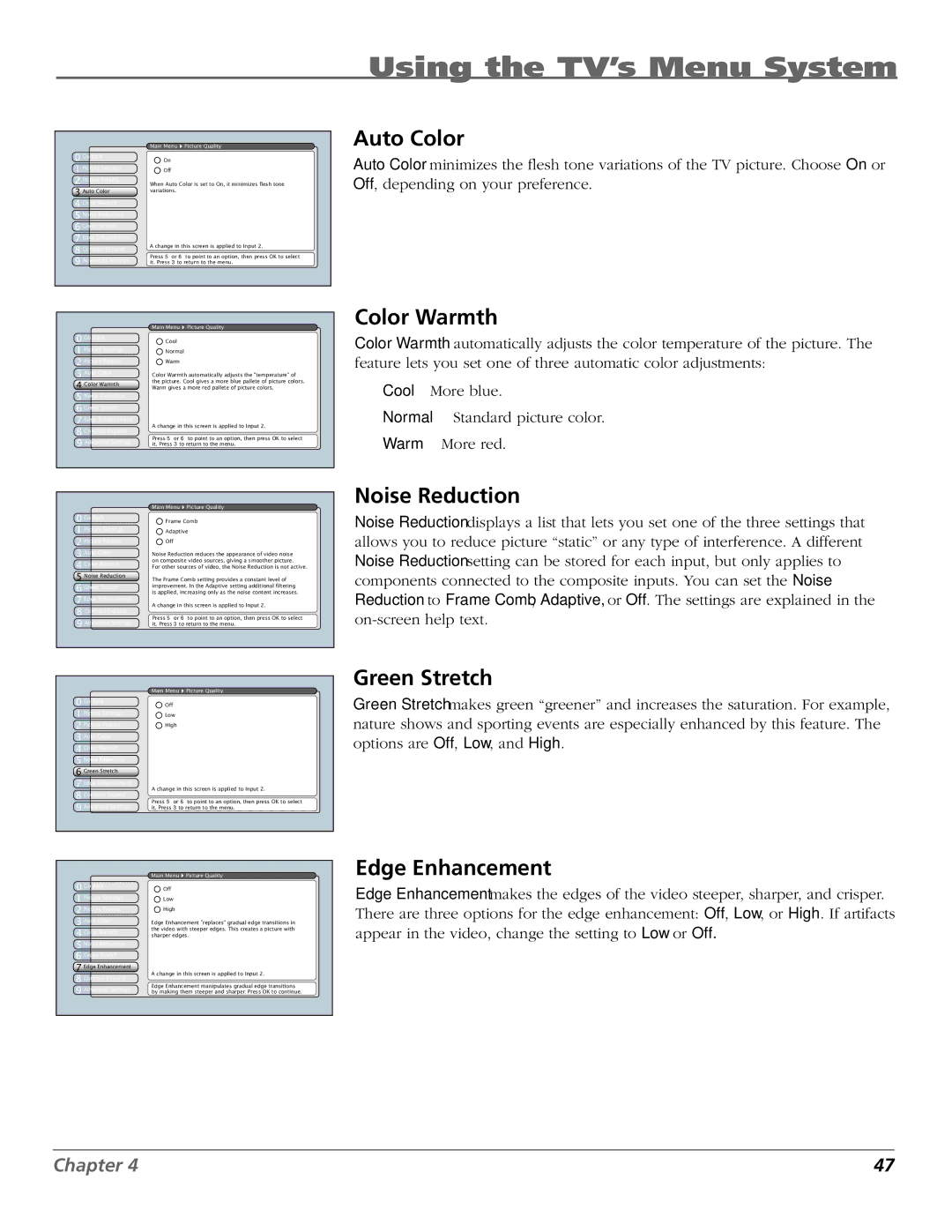 RCA HDTV manual Auto Color, Color Warmth, Noise Reduction, Green Stretch, Edge Enhancement 
