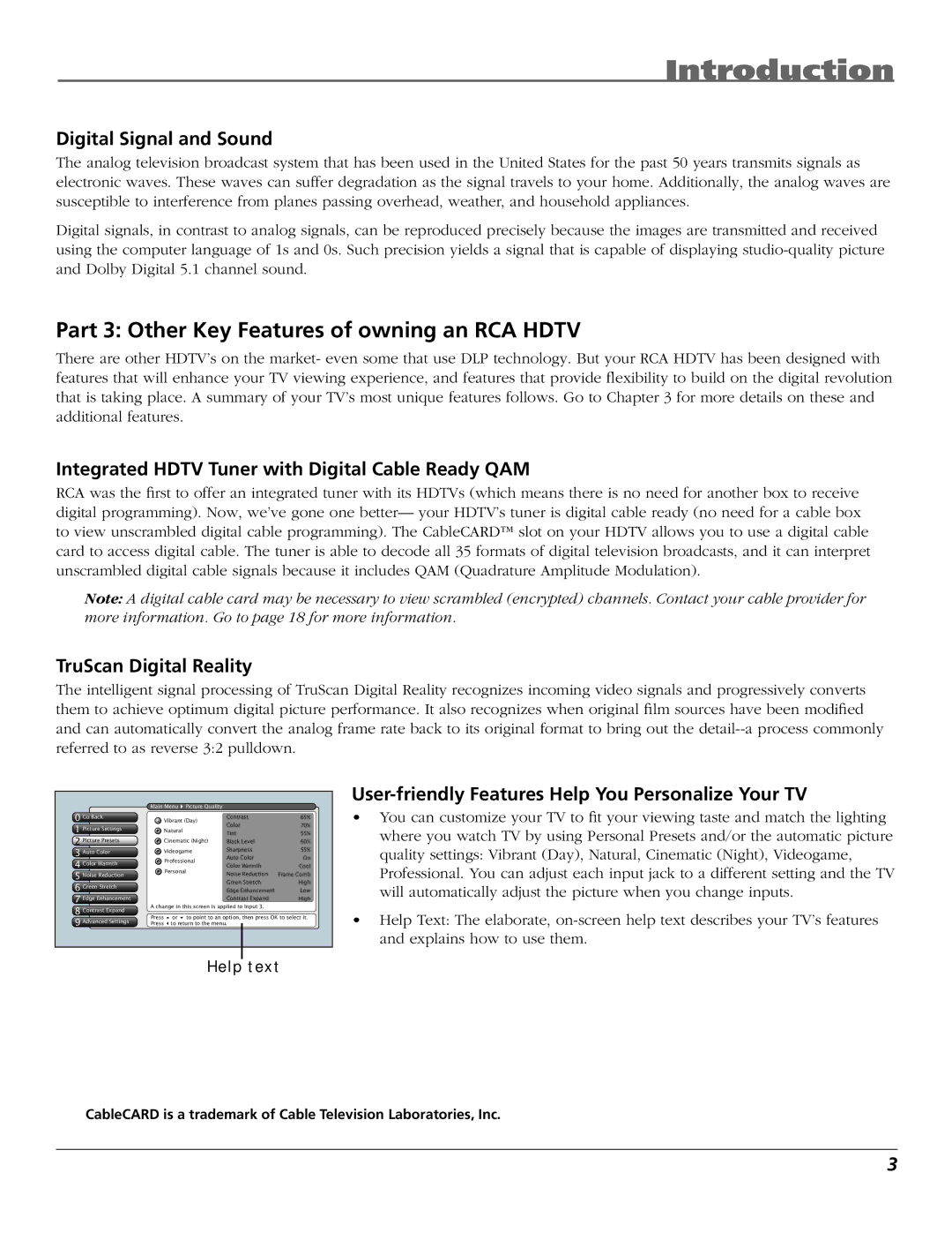 RCA HDTV manual Part 3 Other Key Features of owning an RCA Hdtv, Digital Signal and Sound, TruScan Digital Reality 