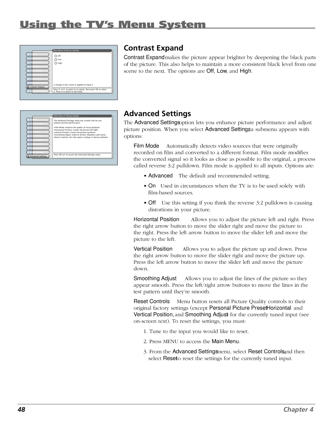 RCA HDTV manual Contrast Expand, Advanced Settings Main Menu Picture Quality 