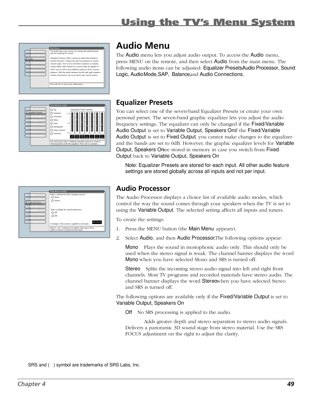 RCA HDTV manual Audio Menu, Equalizer Presets, Audio Processor 