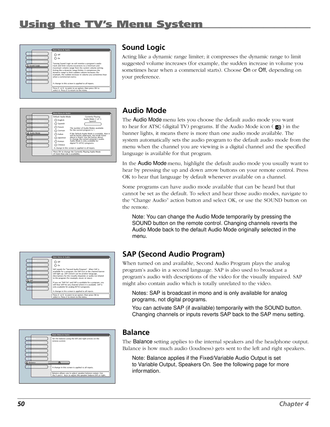 RCA HDTV manual Sound Logic, Audio Mode, SAP Second Audio Program, Balance 