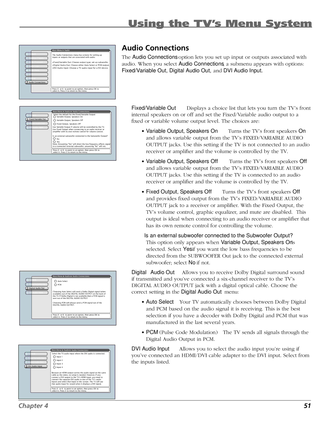 RCA HDTV manual Go Back Fixed/Variable Out, DVI Audio Input Main Menu Audio Audio Connections, Digital Audio Out 