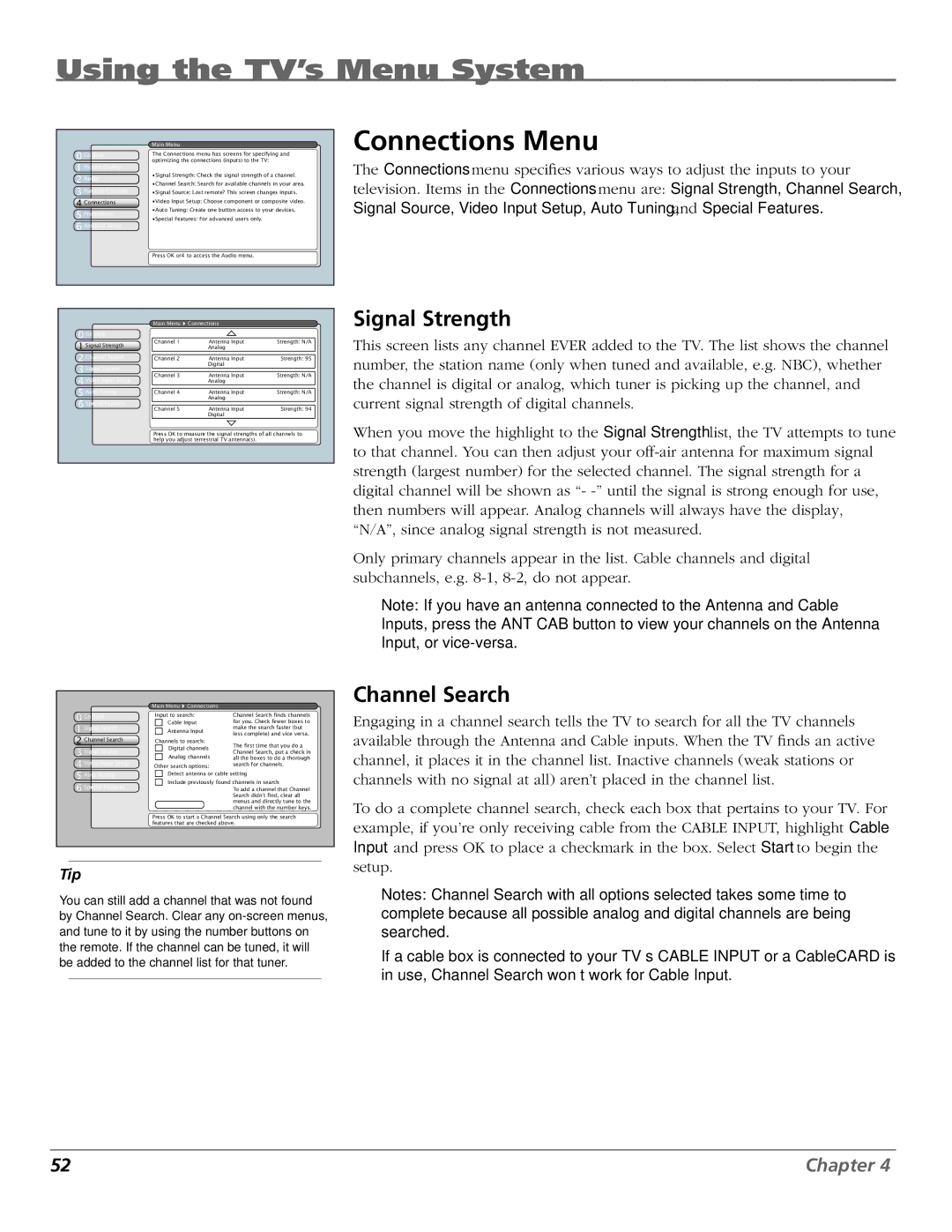 RCA HDTV manual Connections Menu, Signal Strength, Channel Search 