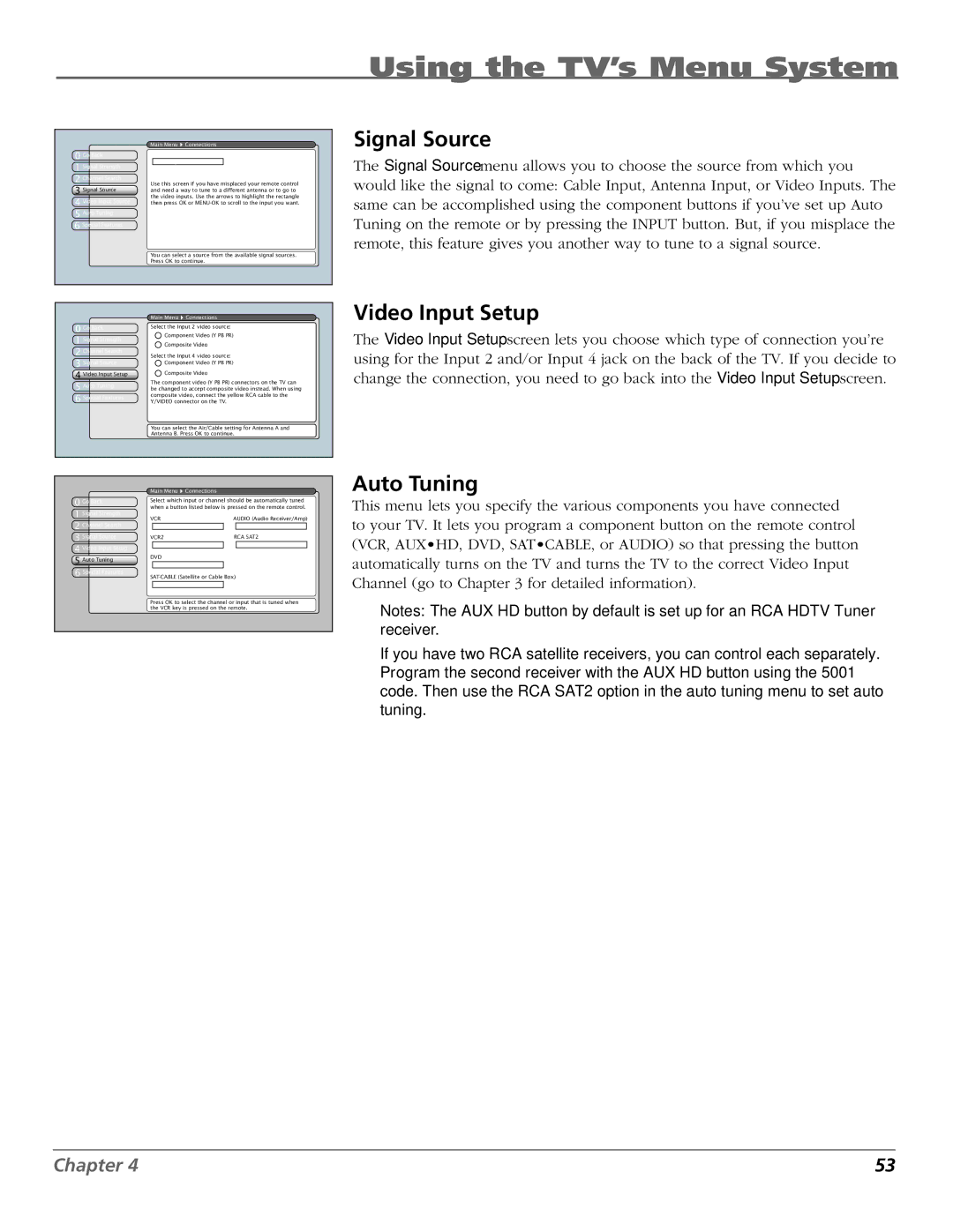 RCA HDTV manual Signal Source, Video Input Setup, Auto Tuning, Go Back Signal Strength Channel Search 