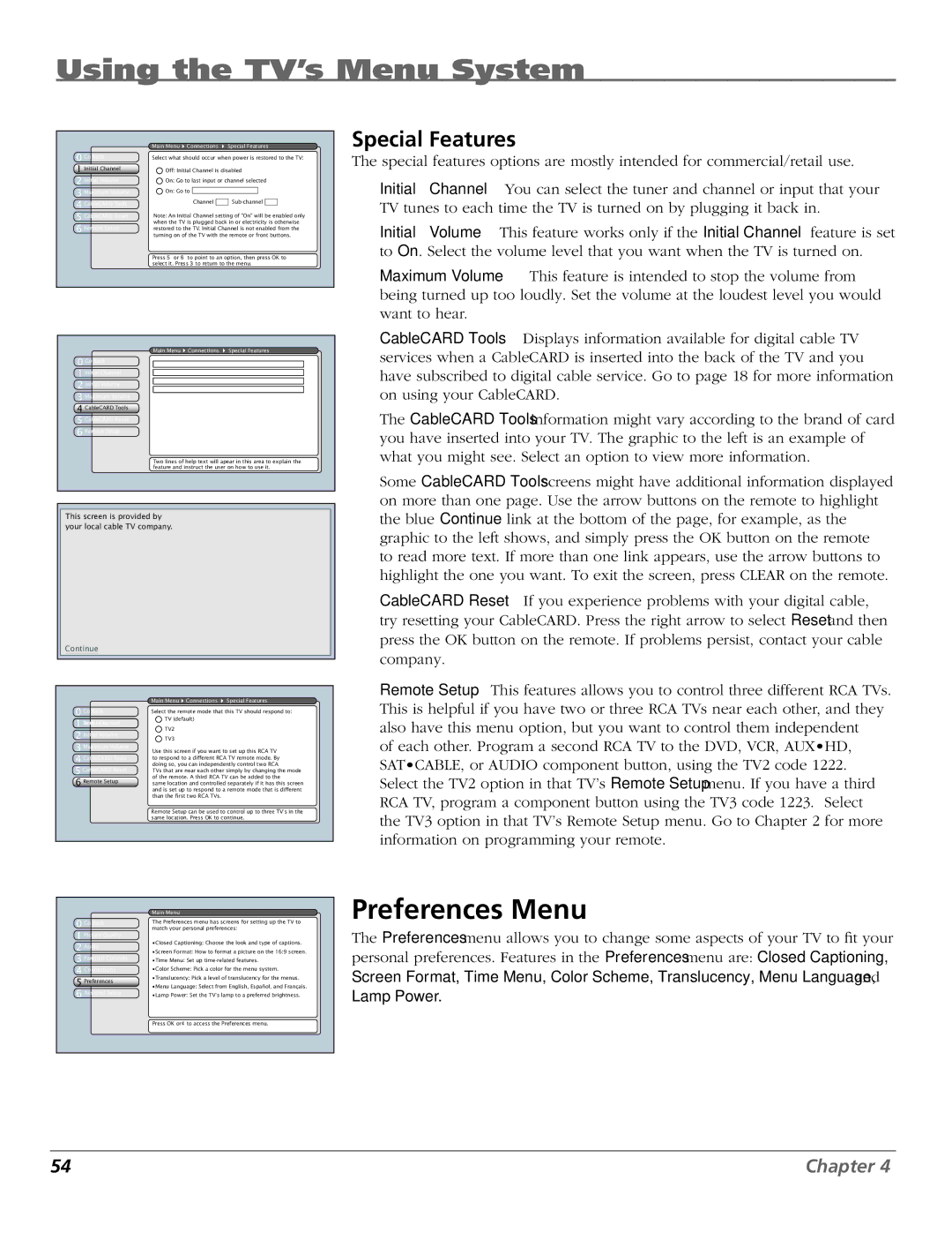 RCA HDTV manual Preferences Menu, CableCARD Reset Remote Setup, Main Menu Connections Special Features 