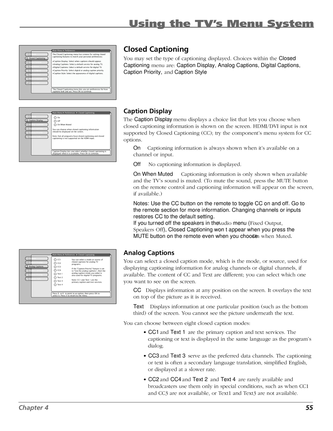 RCA HDTV manual Closed Captioning, Caption Display, Analog Captions 