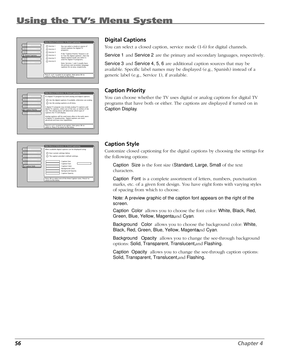 RCA HDTV manual Digital Captions, Caption Priority, Caption Style 