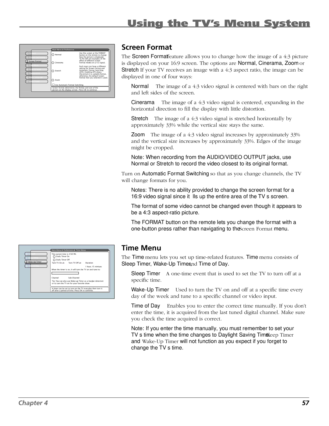 RCA HDTV manual Screen Format, Time Menu 