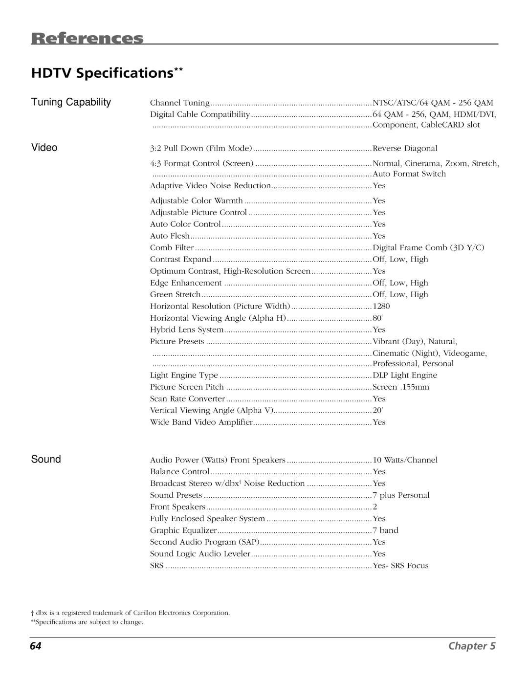 RCA HDTV manual Hdtv Speciﬁcations 