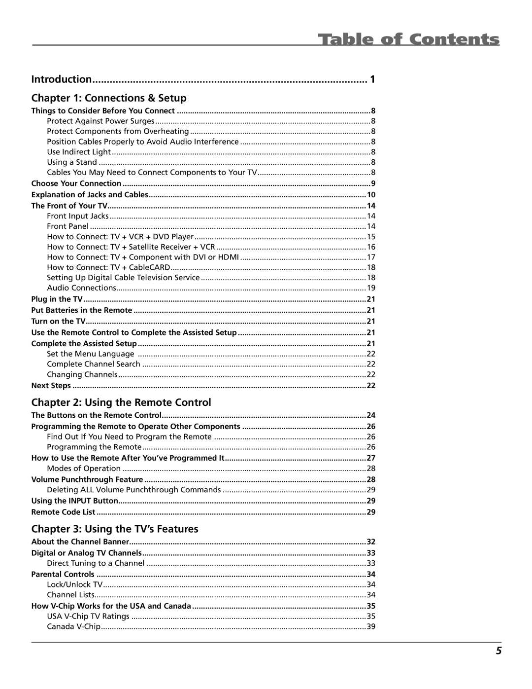 RCA HDTV manual Table of Contents 