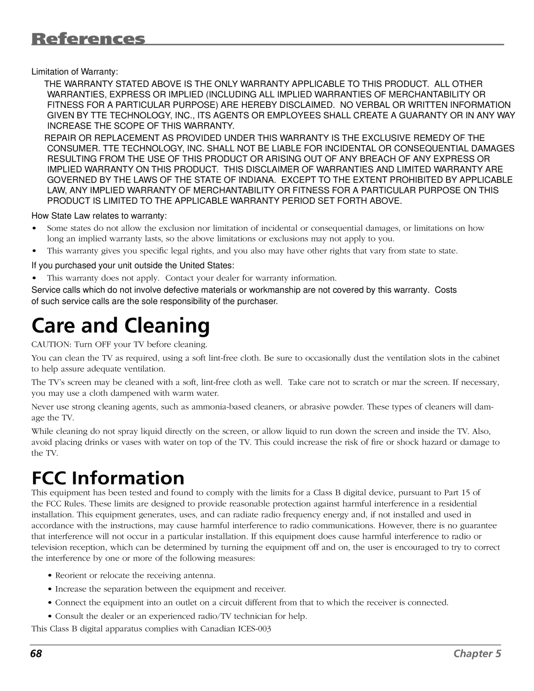 RCA HDTV manual Care and Cleaning 