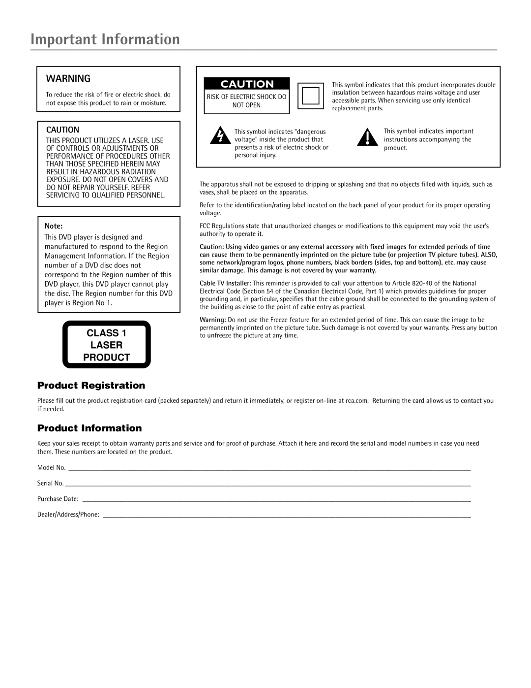 RCA HDTV/DVD Monitor manual Important Information, Risk of Electric Shock do Not Open 