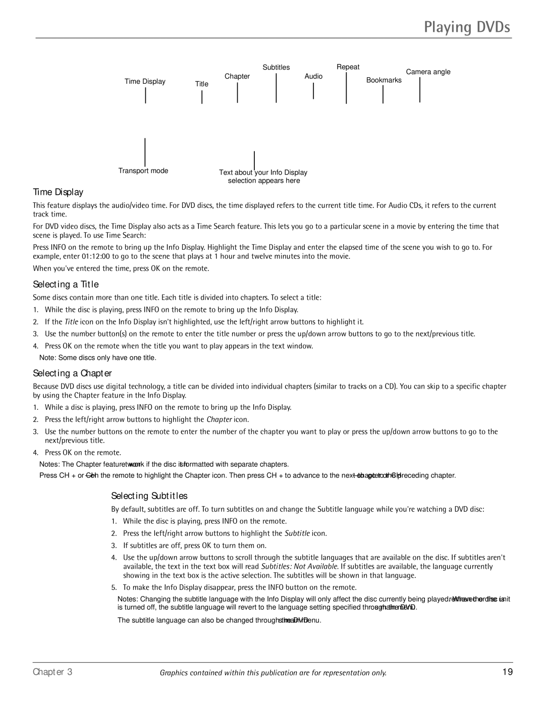 RCA HDTV/DVD Monitor manual Playing DVDs, Time Display, Selecting a Title, Selecting a Chapter, Selecting Subtitles 