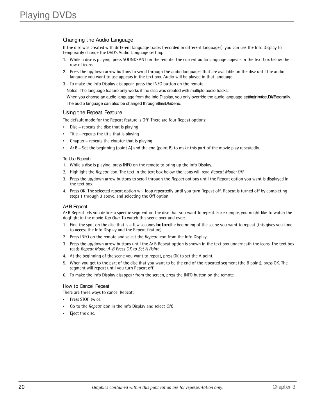 RCA HDTV/DVD Monitor Changing the Audio Language, Using the Repeat Feature, AB Repeat, How to Cancel Repeat, To Use Repeat 