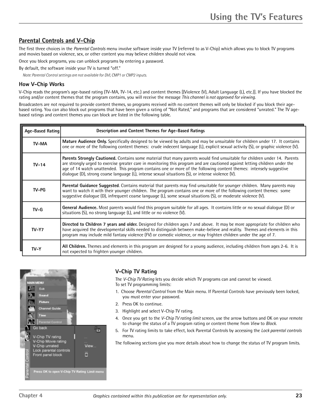 RCA HDTV/DVD Monitor manual Using the TV’s Features, Parental Controls and V-Chip, How V-Chip Works, Chip TV Rating 