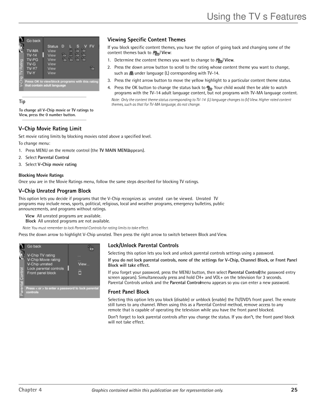 RCA HDTV/DVD Monitor manual Viewing Specific Content Themes, Chip Movie Rating Limit, Chip Unrated Program Block 