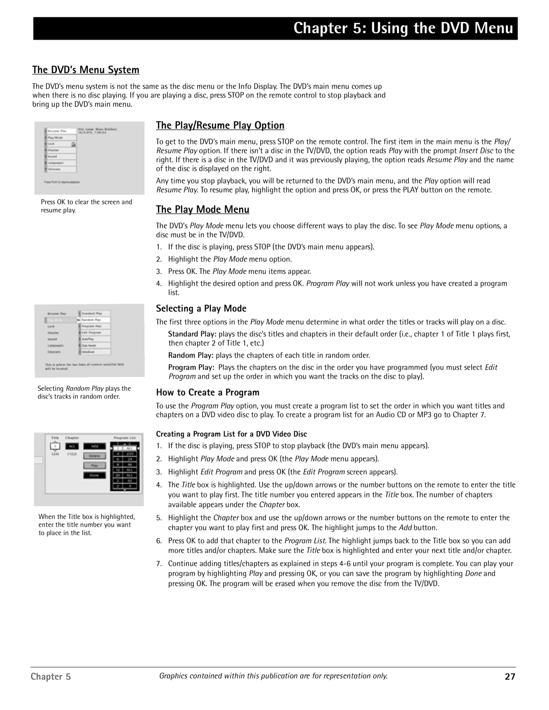 RCA HDTV/DVD Monitor manual Using the DVD Menu, DVD’s Menu System, Play/Resume Play Option, Play Mode Menu 